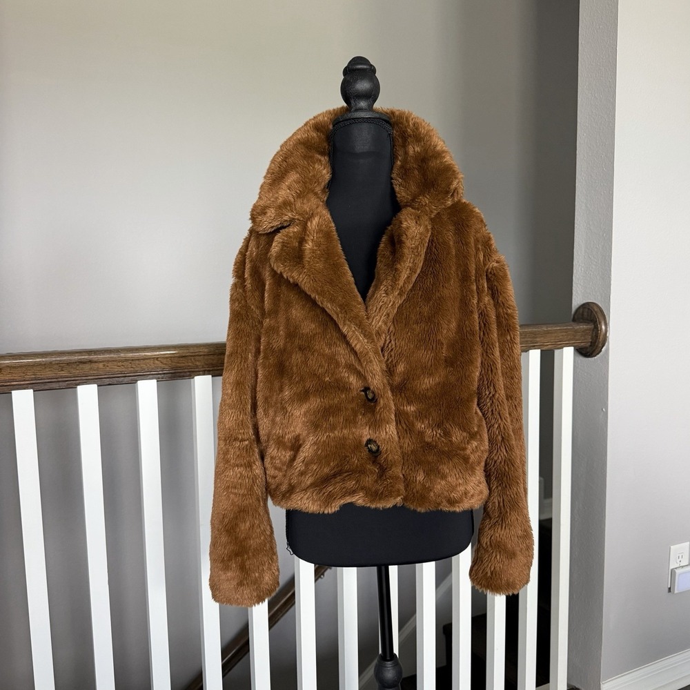 Free People Mena Cropped Faux Fur Jacket Brown XS Y2K Boho 90s Indie Sleeve Cozy